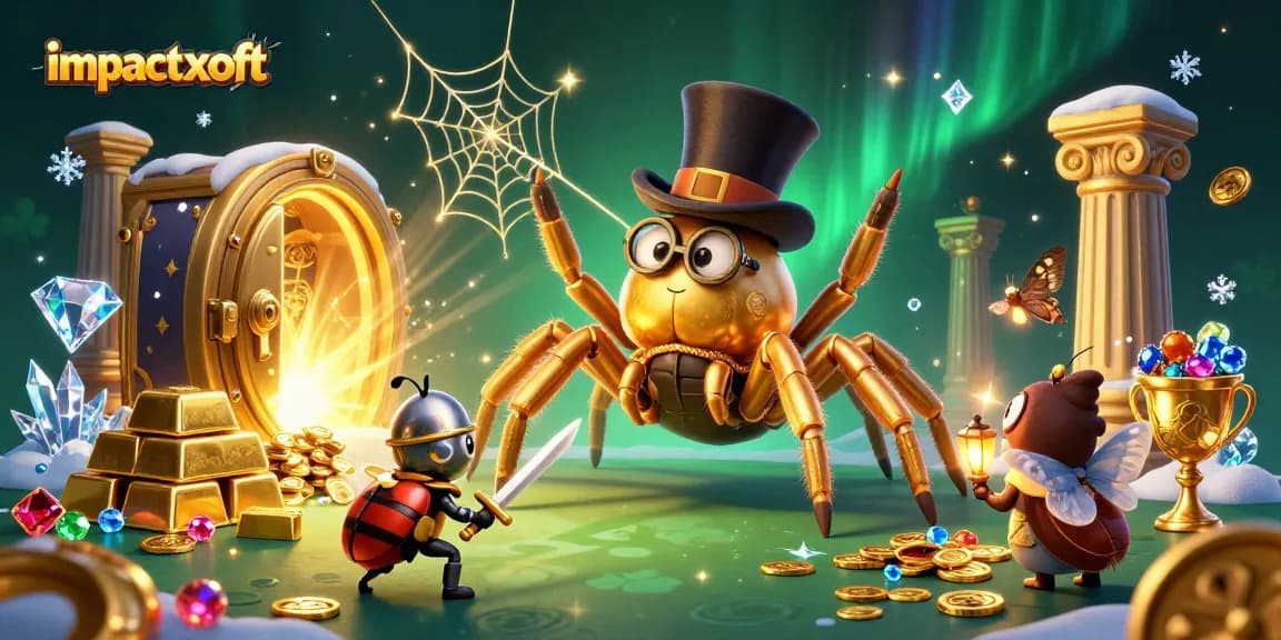 Experience the excitement of impactxoft with a golden tarantula and brave knight in a vibrant casino scene.