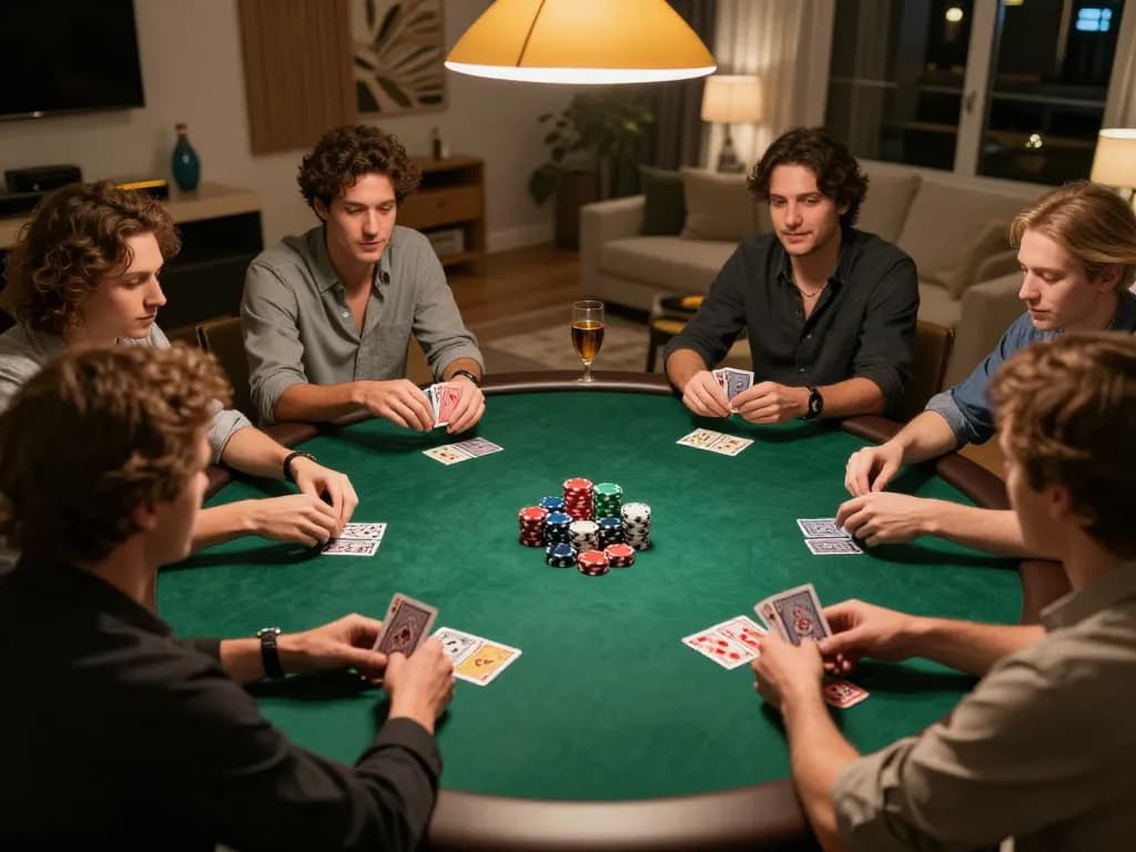 Amici che si godono una serata di poker informale, enfatizzando comunità e strategia nei migliori siti non AAMS