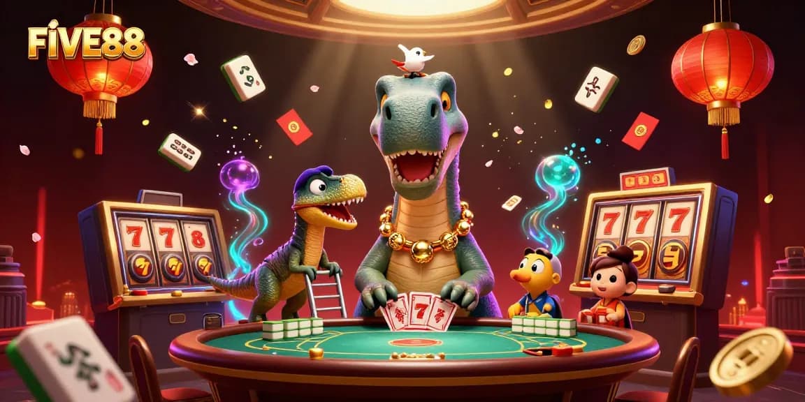 Engage in vibrant FIVE88 casino action with a whimsical dinosaur poker scene.