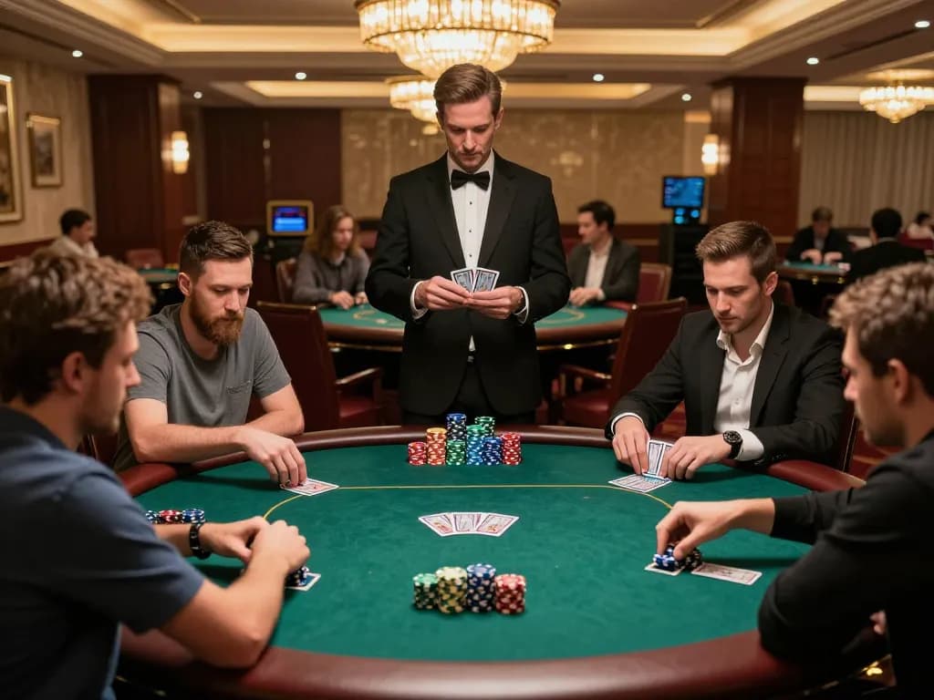 Watch players engaging in a thrilling poker game at https://nk88.co.uk/ in a luxurious casino setting, showcasing intense strategy.