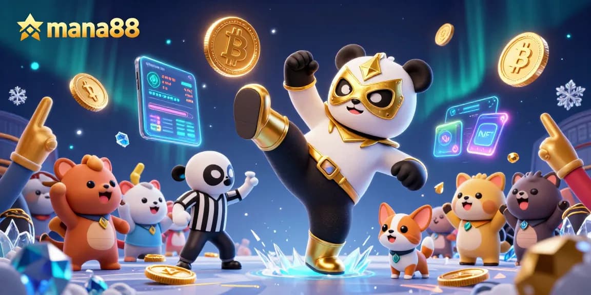 Experience thrilling action at mana88 with cartoon panda and chihuahua in a vibrant casino illustration