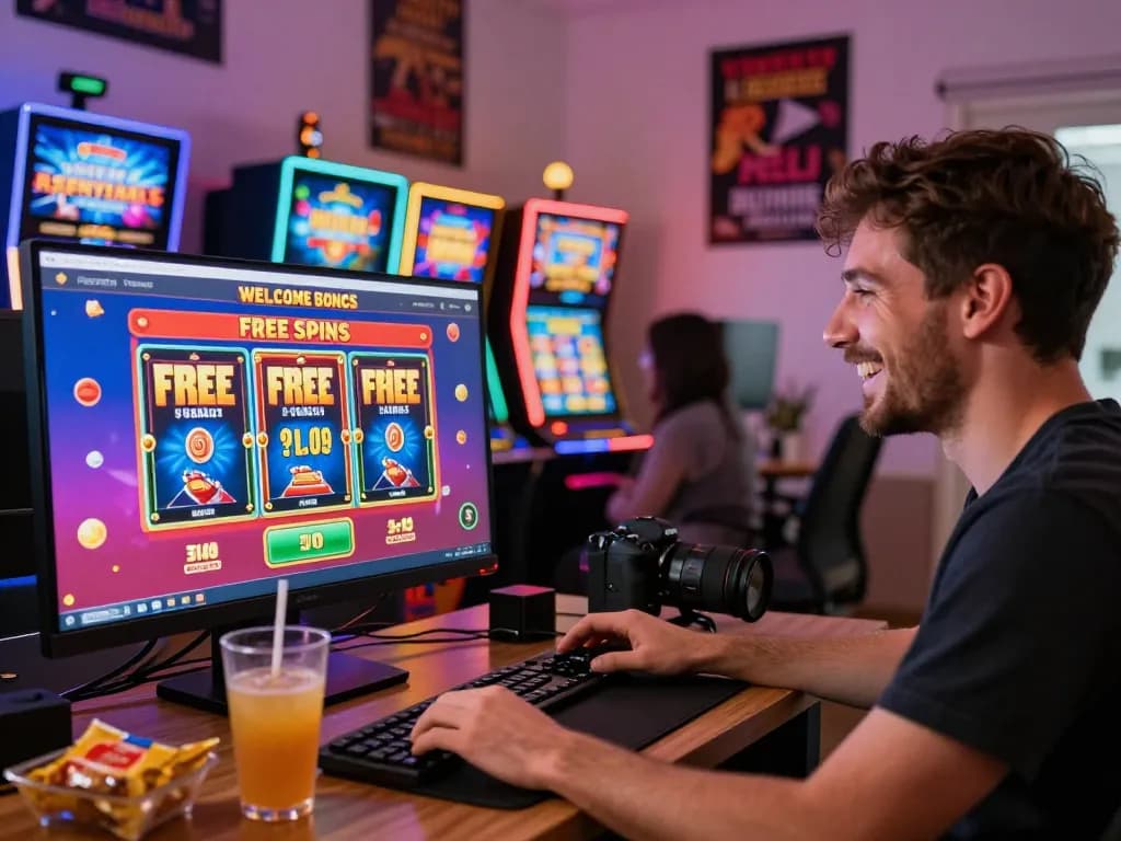 Player excitedly exploring free spins Australia offers in a lively online casino setting.