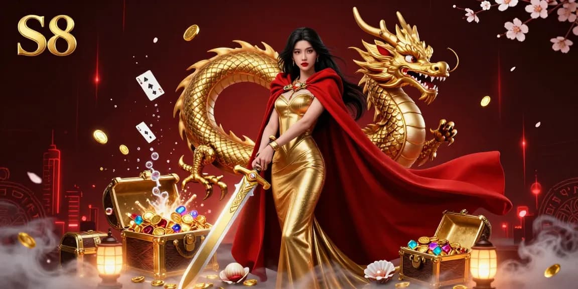 S8 showcases a warrior queen with a golden dragon amidst vibrant casino elements, enhancing your gaming experience.