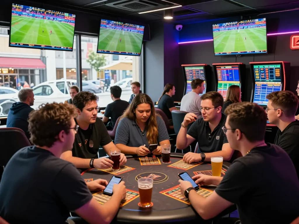 Engaged bettors at a debet sports betting lounge analyzing game stats and excitement