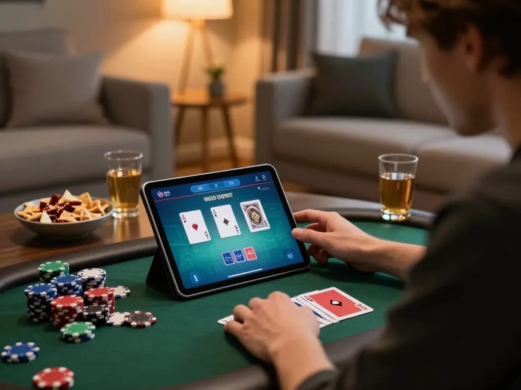Player analyzing poker strategies on lc88 casino app in a cozy home environment.