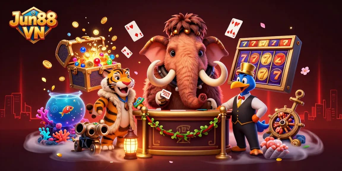 Spin and win with Jun88 VN at this vibrant cartoon casino illustration featuring fun characters and energy