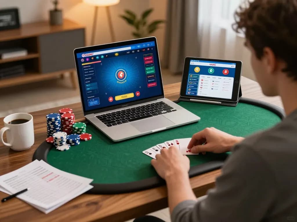 Player engaging in an mb668 online poker game at home with strategy notes visible.