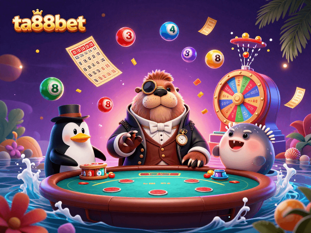 Engaging 3D scene with a jolly walrus playing poker at a table, showcasing ta88bet's vibrant casino atmosphere.