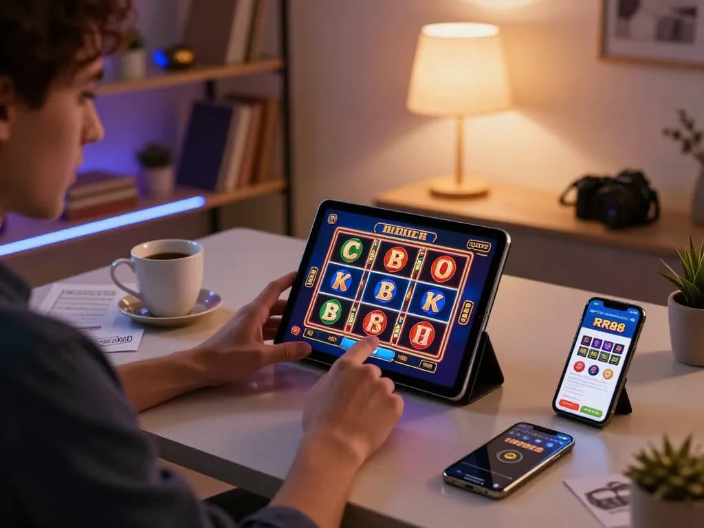 Person engaging in online slots at RR88 casino app in a modern home setting, showcasing strategy notes and cozy ambiance.