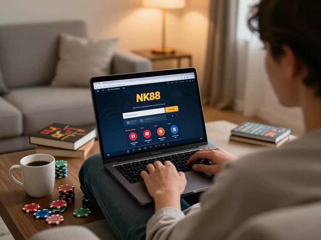 Engaging in online gambling with NK88 link displayed on laptop screen, highlighting a cozy home atmosphere.