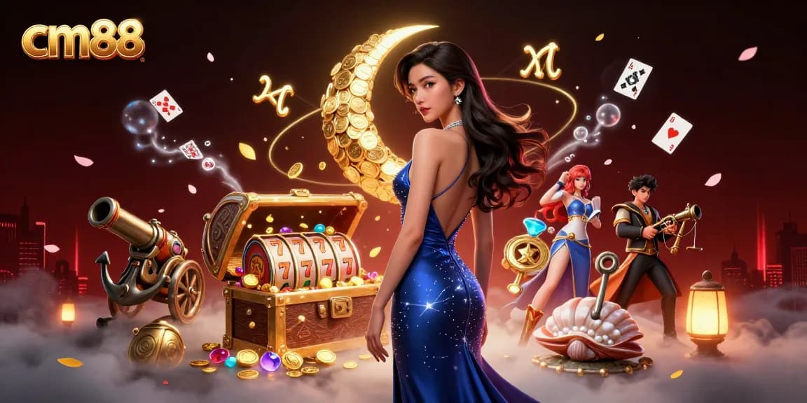 Experience the thrill of cm88 casino with elegant characters, spinning slots, and vibrant treasures.