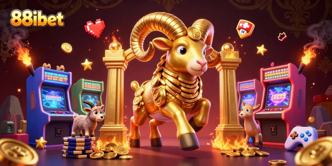 Engage with 88ibet's vibrant 3D casino scene featuring a golden ram, arcade machines, and colorful game elements.