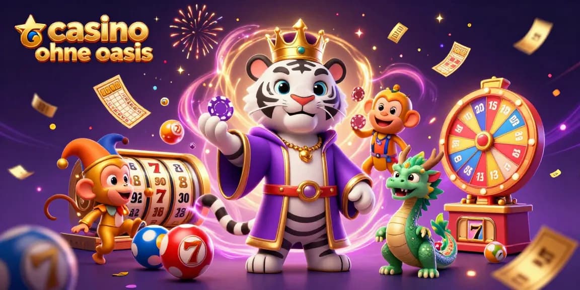 Enjoy thrilling moments with casino ohne oasis featuring a majestic tiger, a jester monkey, and vibrant game symbols.