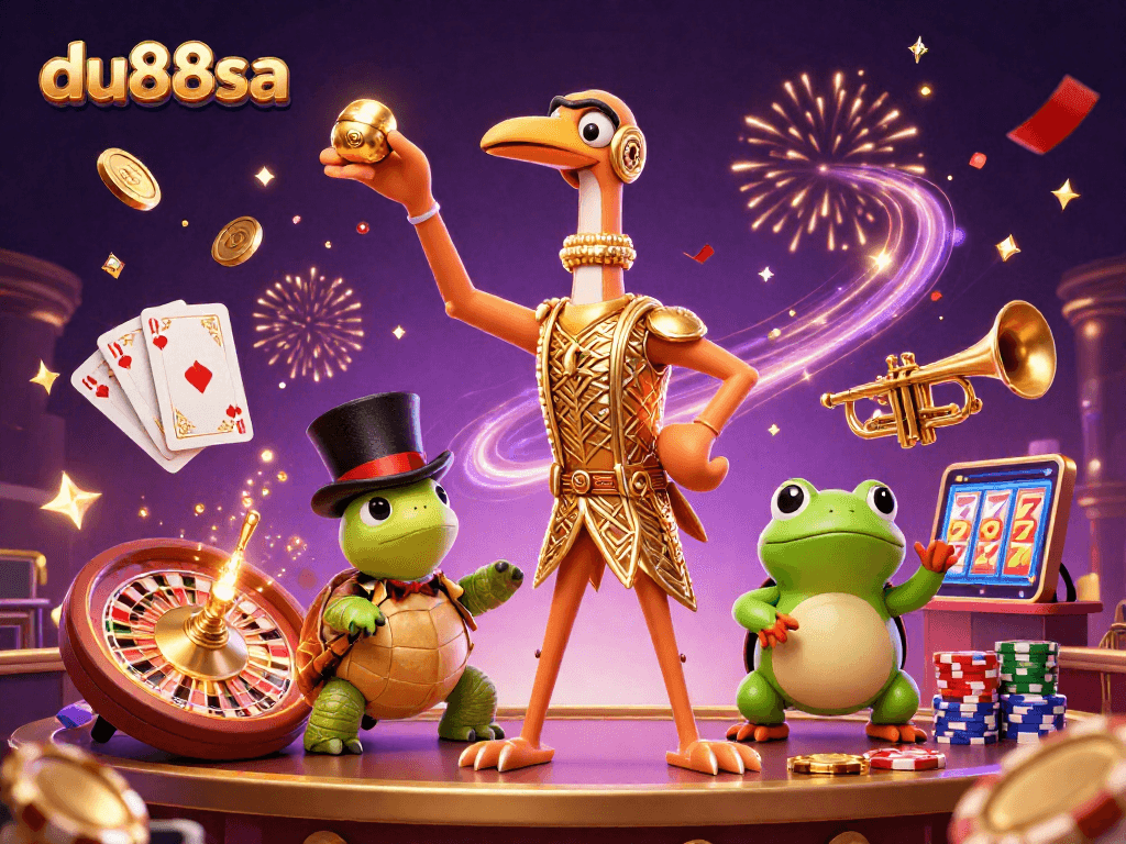 Experience du88sa with vibrant 3D illustrations featuring casino elements and characters in action.