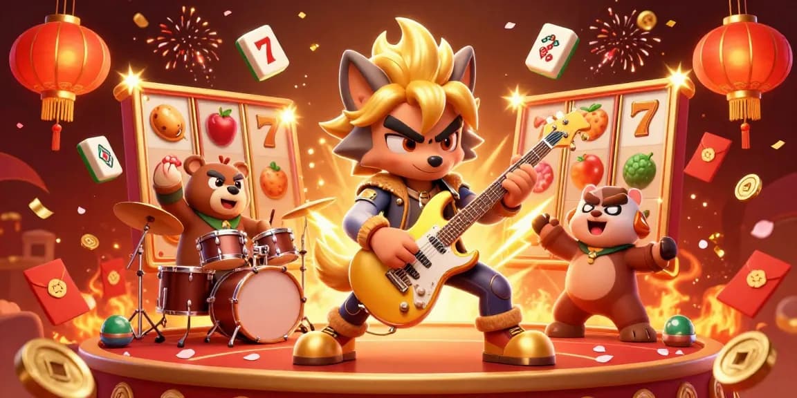 Lively lauthai casino scene with a rock star wolf, drummer bear, and vibrant gaming elements.