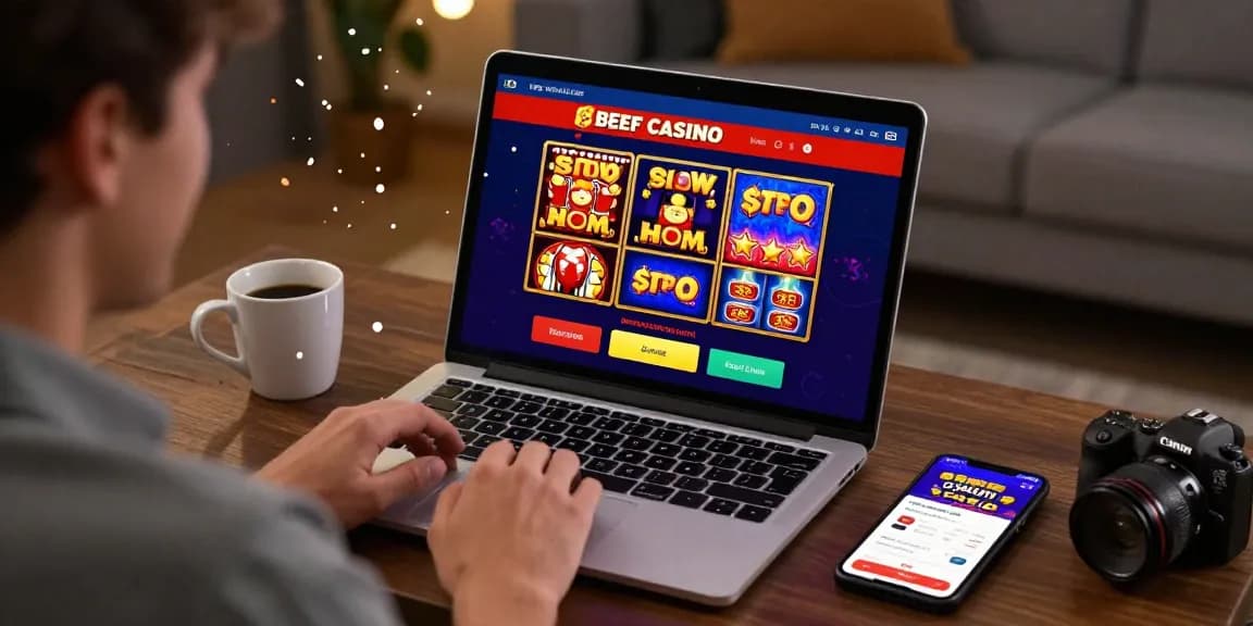 Beef Casino Spieler feiert Gewinne am Laptop in modernem Ambiente.