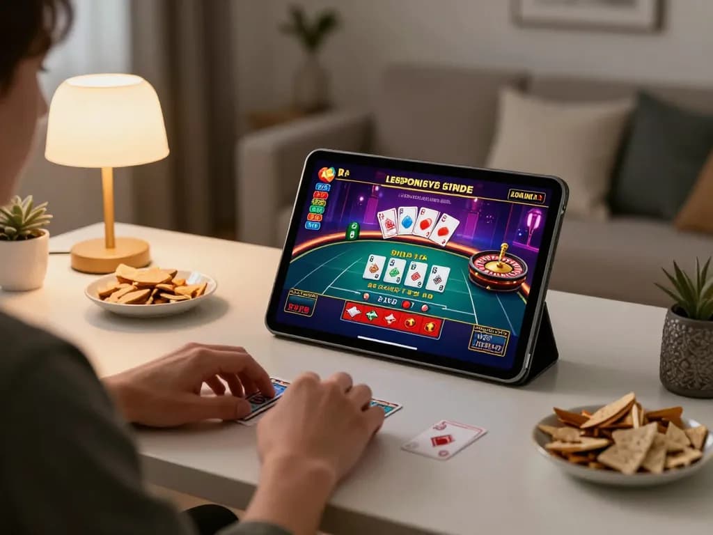Player enjoying live dealer games at alo8net on a tablet with vibrant casino visuals in a cozy home setting.