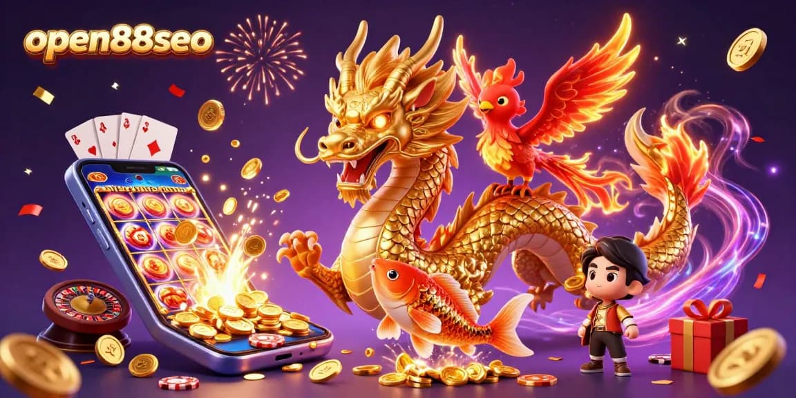 Experience thrilling magic with open88seo’s captivating casino ambiance featuring golden dragons and festive elements.