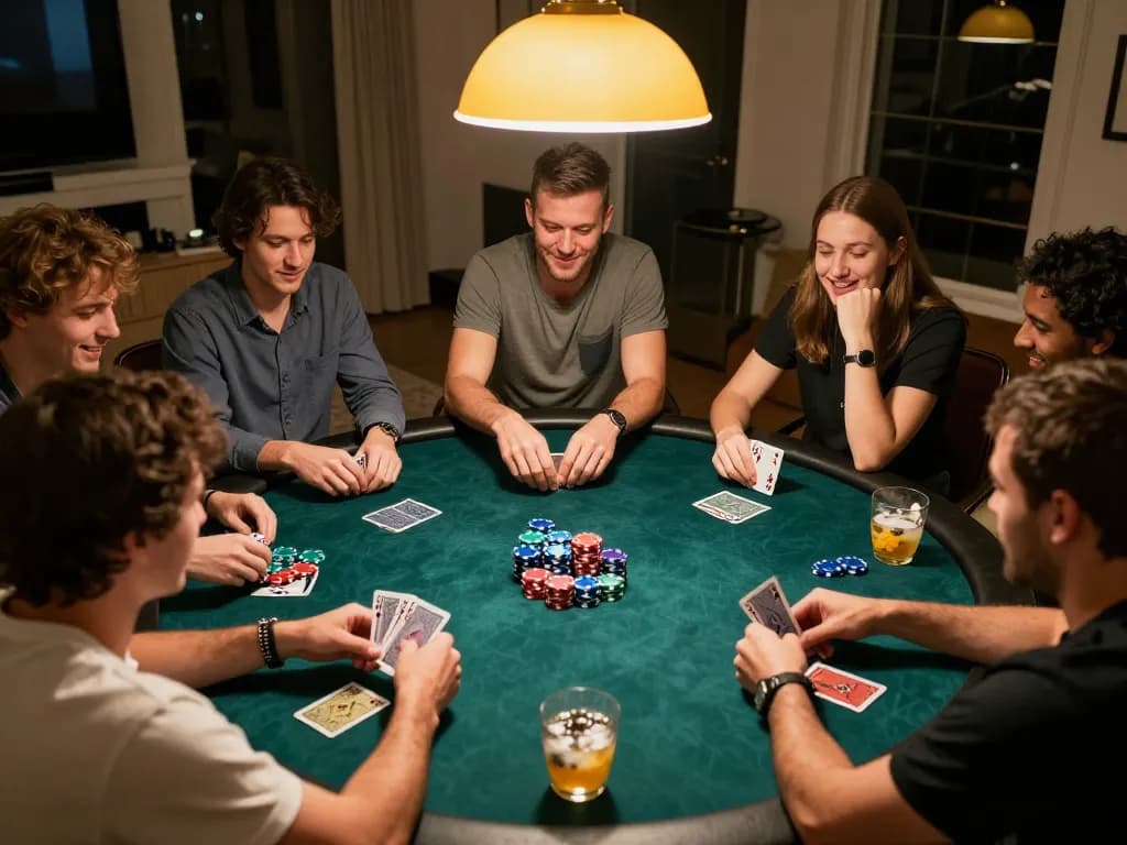 Sao789 players engaged in an exciting poker night, showcasing camaraderie and strategy.