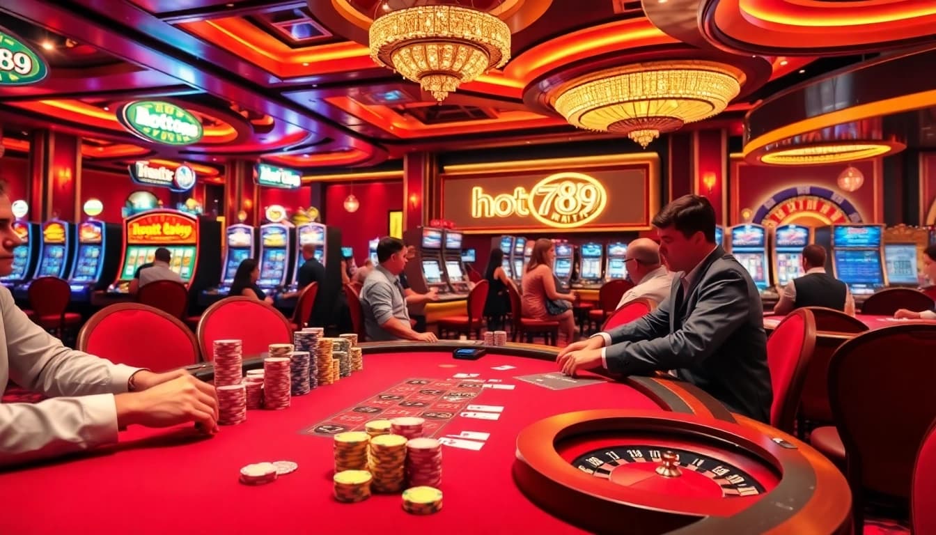 Players enjoying a thrilling game at the HOT789 poker table surrounded by vibrant chips and lights.