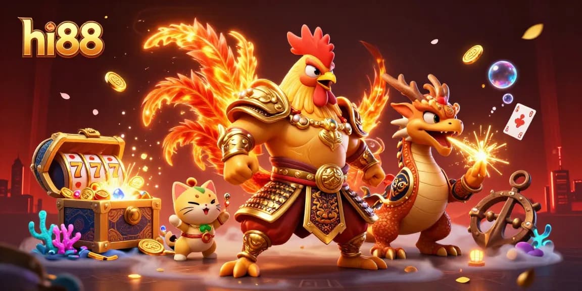 Experience thrilling hi88 gaming as a warrior rooster and dragon celebrate with riches!