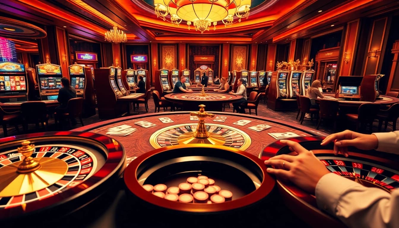 Engage with the thrilling atmosphere of SC88 link in a vibrant casino scene showcasing card games and roulette action.