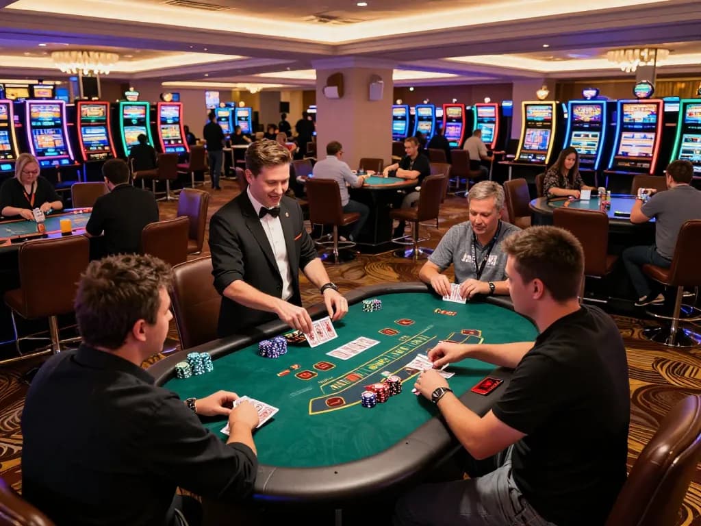 NoHu players engaging intensely in a blackjack game at a lively casino floor with vibrant atmosphere