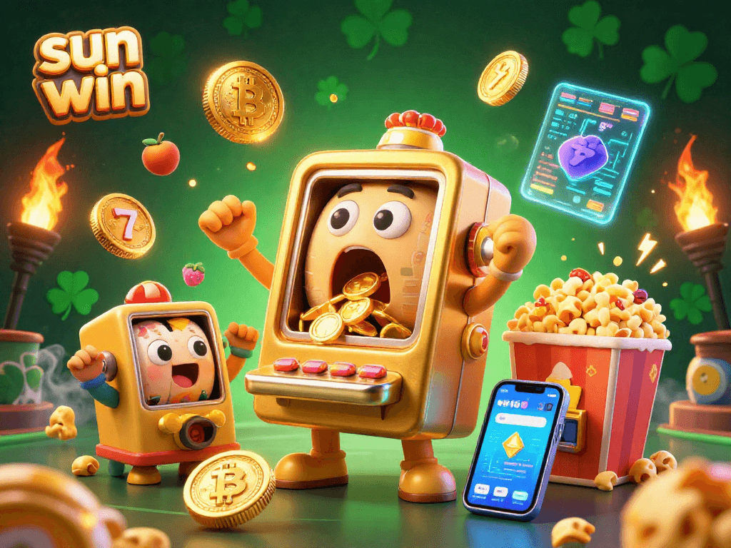 Sun win slot machine celebrates a jackpot, surrounded by cheering mini machines and crypto elements.