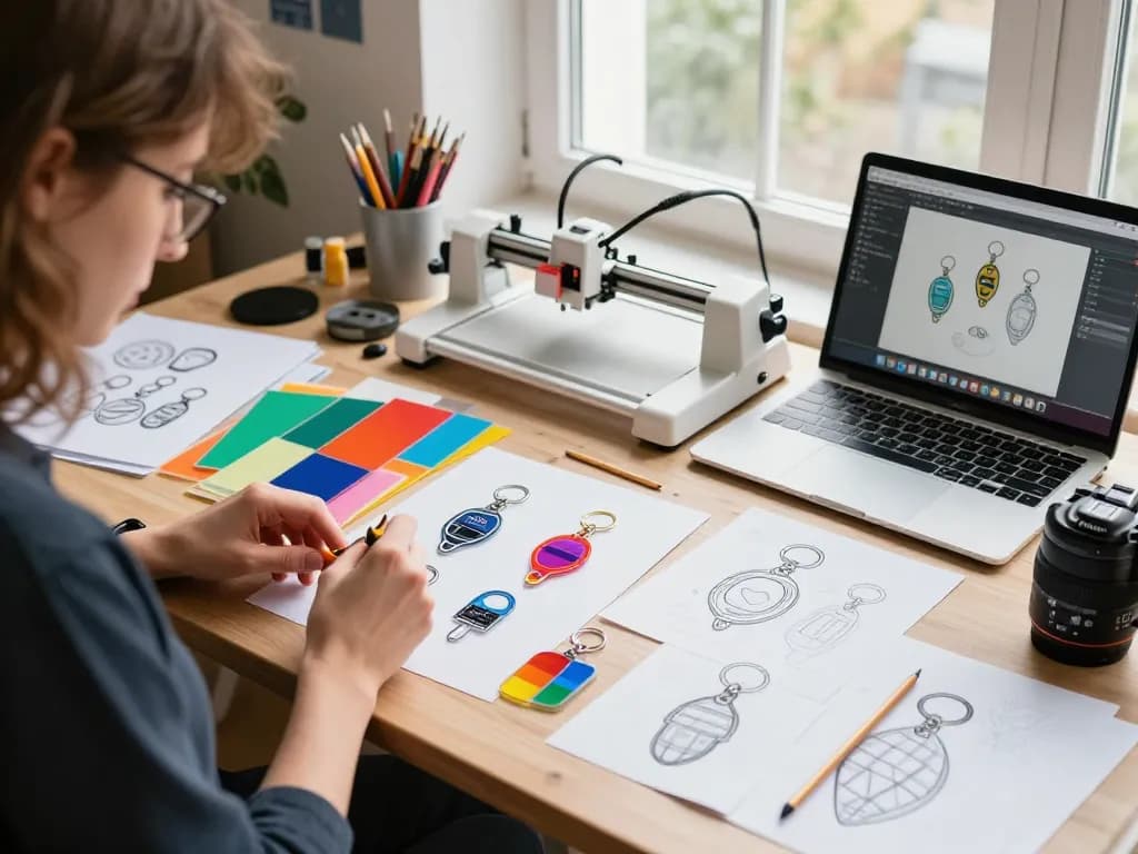 A vibrant artist's studio where 'acryl schlüsselanhänger selbst gestalten' is brought to life, showcasing designs and colorful materials.