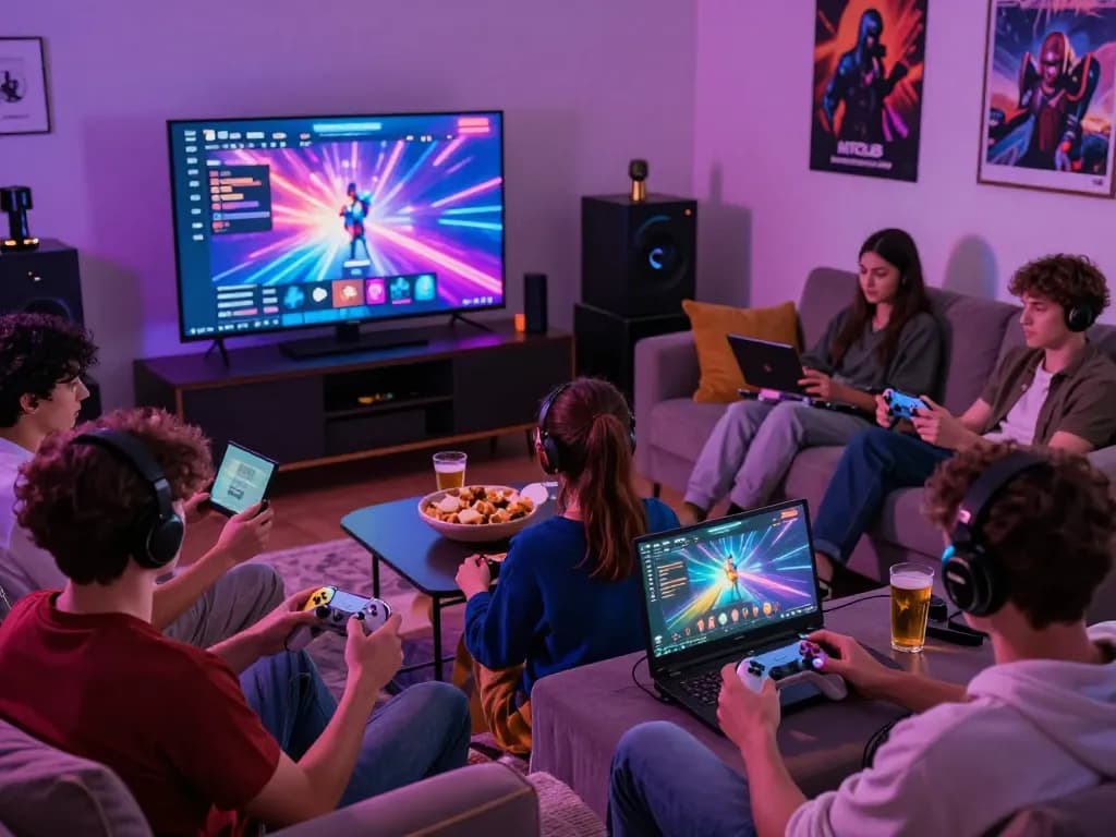 Friends enjoying Hitclub online gaming experience with colorful interfaces, controllers, and cozy atmosphere.