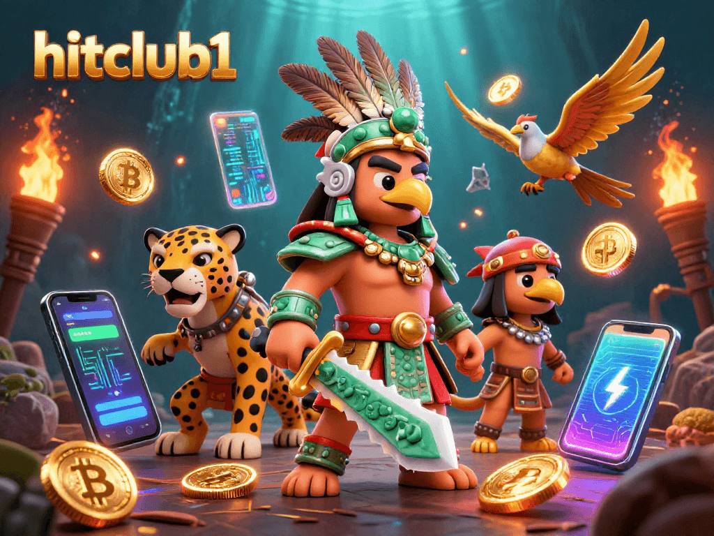 Experience hitclub1's exciting world of crypto gaming with vibrant Aztec warriors and digital currencies!