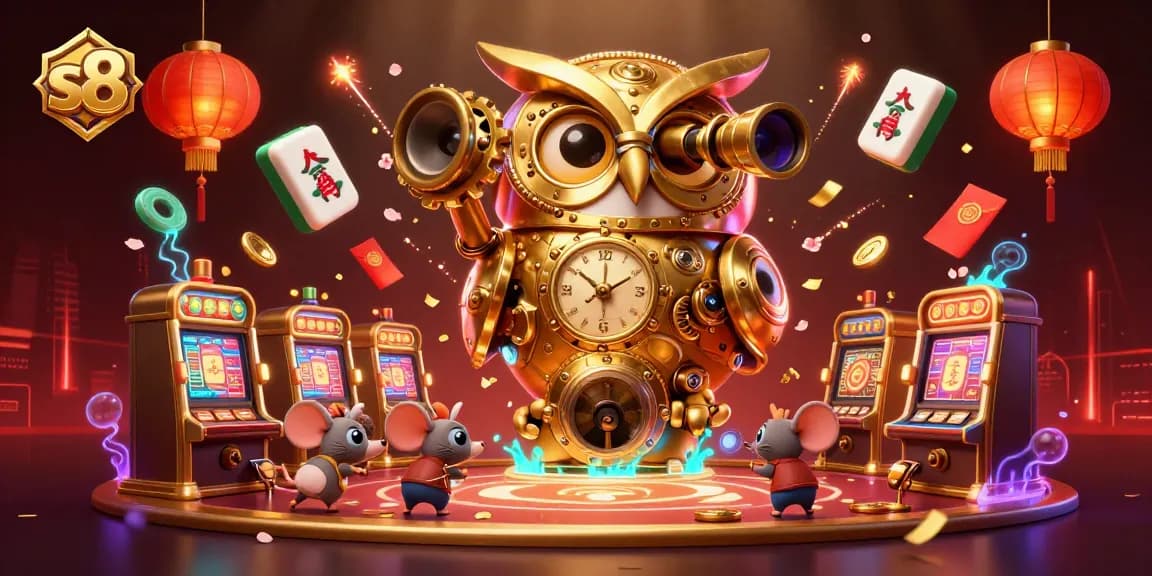 Spin and win at S8 casino with the vibrant 3D golden owl overseeing action-packed games.