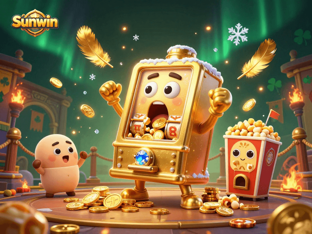 Sunwin slot machine celebrating a jackpot win amidst gold coins and an exciting casino atmosphere.