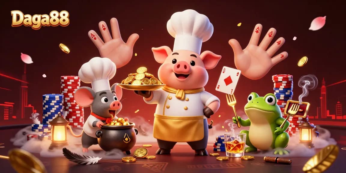 Daga88 showcases an energetic scene with a chef pig and playful characters amid vibrant casino elements.