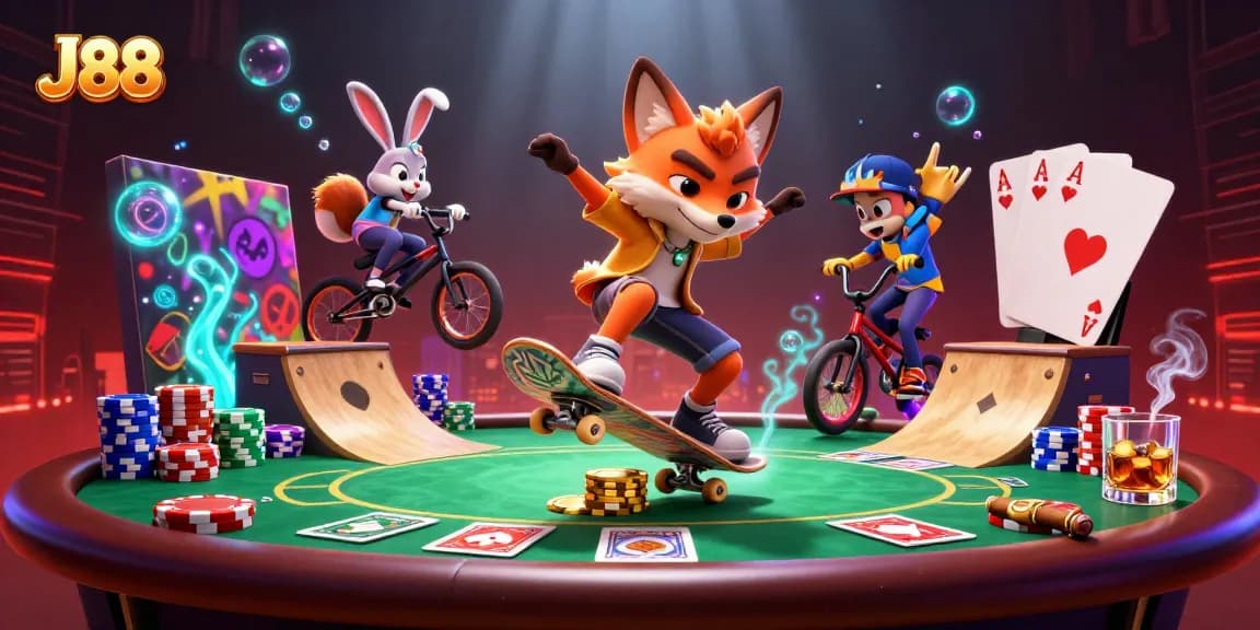 J88 enjoying a vibrant casino-themed scene with poker chips and dynamic characters.