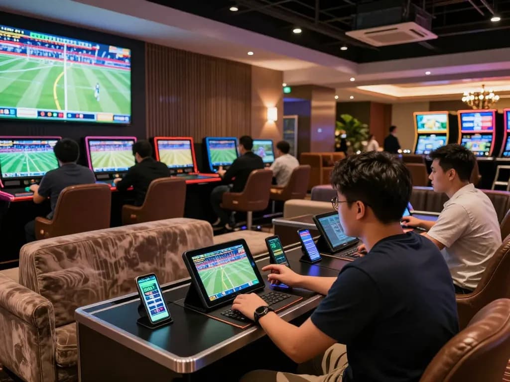 FLY88 sports betting setup with enthusiastic bettors analyzing odds and placing wagers.