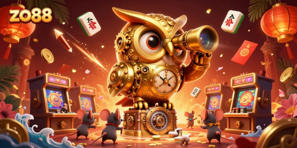 Experience the excitement of zo88 through a lively cartoon casino scene with whimsical characters and game elements.