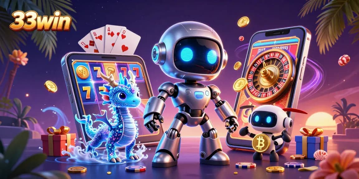 Spin the reels at 33win with a neon robot mascot and incredible gaming elements.