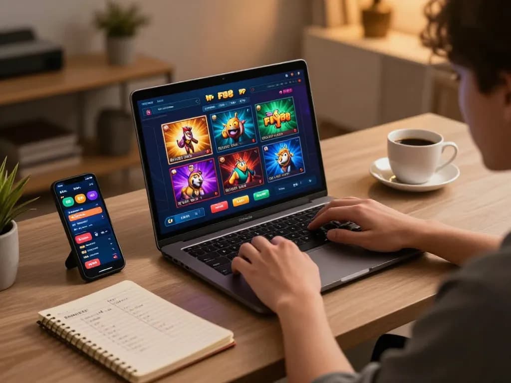 Engaging gamer using fly88 on laptop at a cozy desk, showcasing vibrant casino game interface.