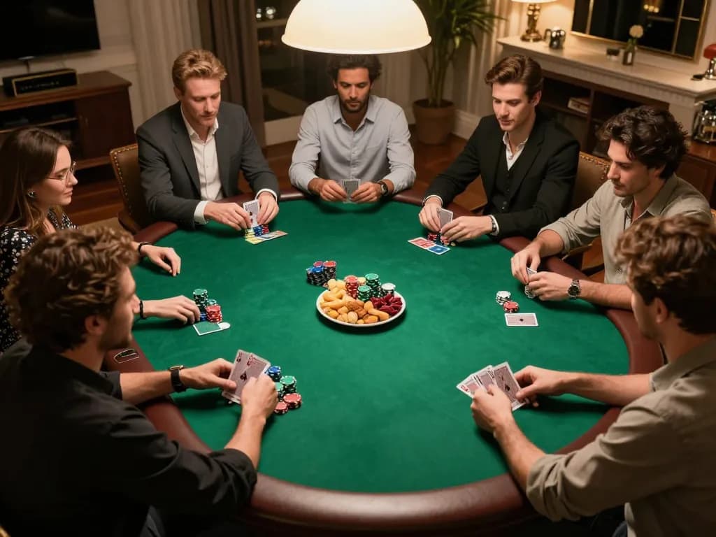 Engaged players at a home poker night with strategic gameplay visible at https://3win2026.com/, showcasing competitive camaraderie.