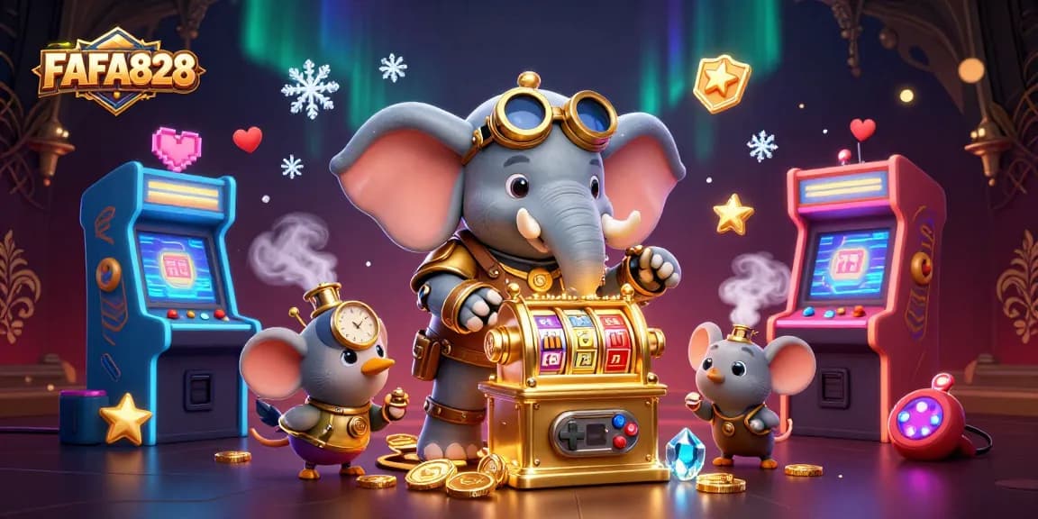 Experience the thrill of FAFA828 with vibrant slot gaming, featuring a steampunk elephant and interactive elements.