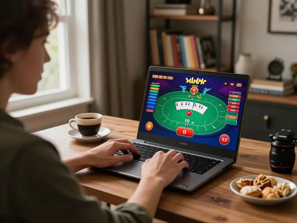 Person enjoying online gaming on fc88 with a vibrant poker interface in a cozy home setting.