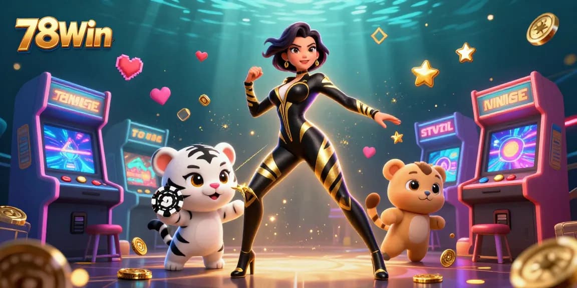 78Win showcases a vibrant casino scene with engaging characters and trendy gaming elements.