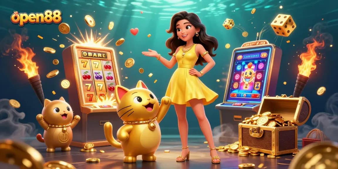 Experience exciting gameplay at open88 with a cheerful player and golden lucky cat surrounded by jackpots and prizes.