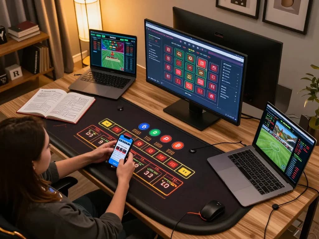 Engaging online gambling session at betbdt66 with smartphones and live dealer interface.