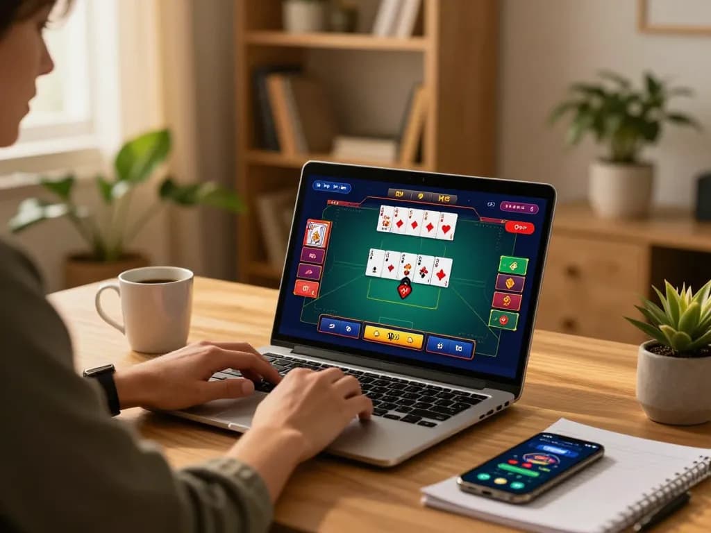 Engaging home gaming environment featuring mb66ac poker gameplay on a laptop, enhancing strategic betting.