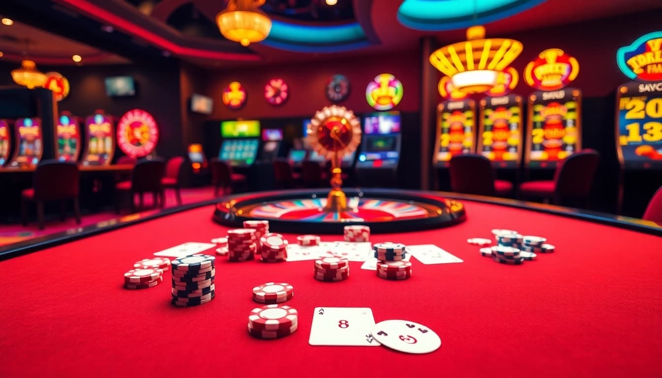 Experience thrilling gameplay at 28bet com with vibrant poker tables and enticing casino lights.