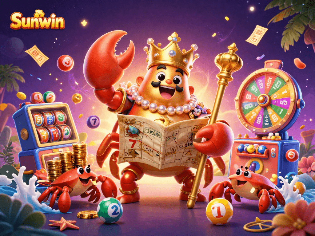 Immerse in Sunwin's dazzling golden crab emperor scene, surrounded by vibrant lottery elements.