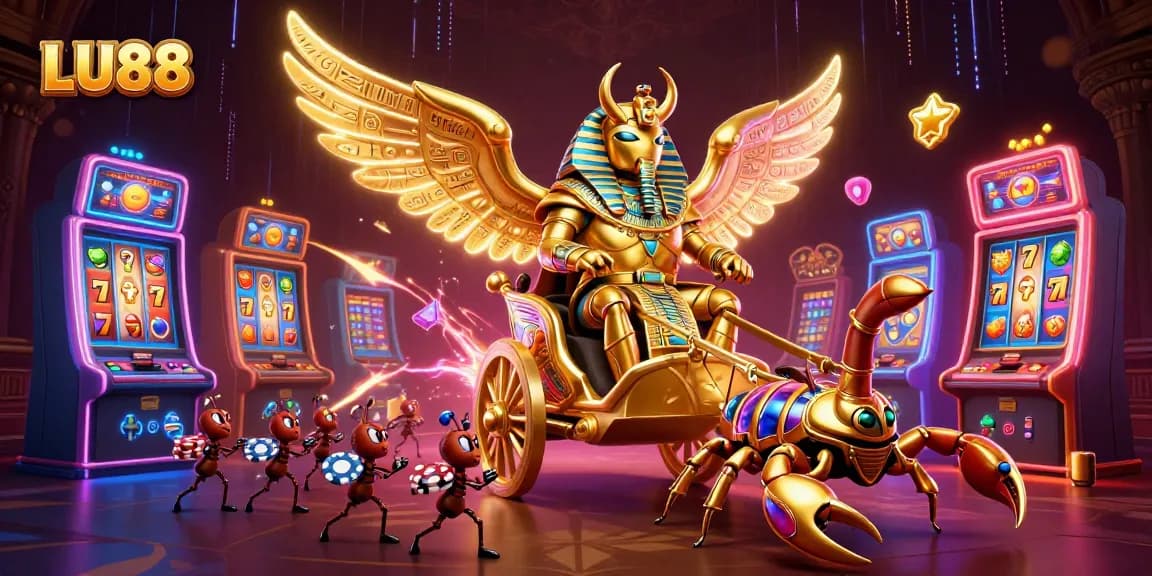 Experience the thrill of LU88 with a vibrant casino scene featuring a golden scarab and poker chips.