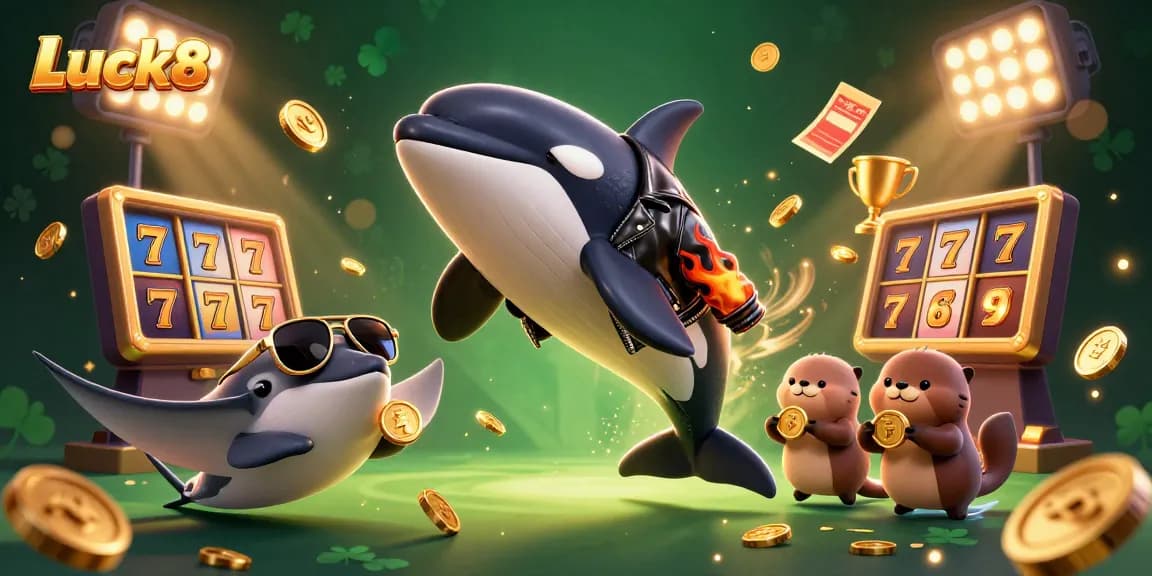 Luck8 showcases an orca whale, stingray, and sea otters in a vibrant casino scene with dynamic gambling elements.